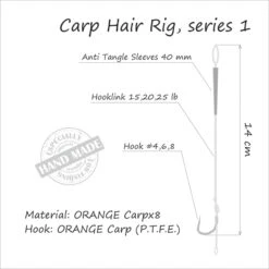 Life Orange Carp Hair Rigs, (25lb, Hook #4, Series 1), 3pcs